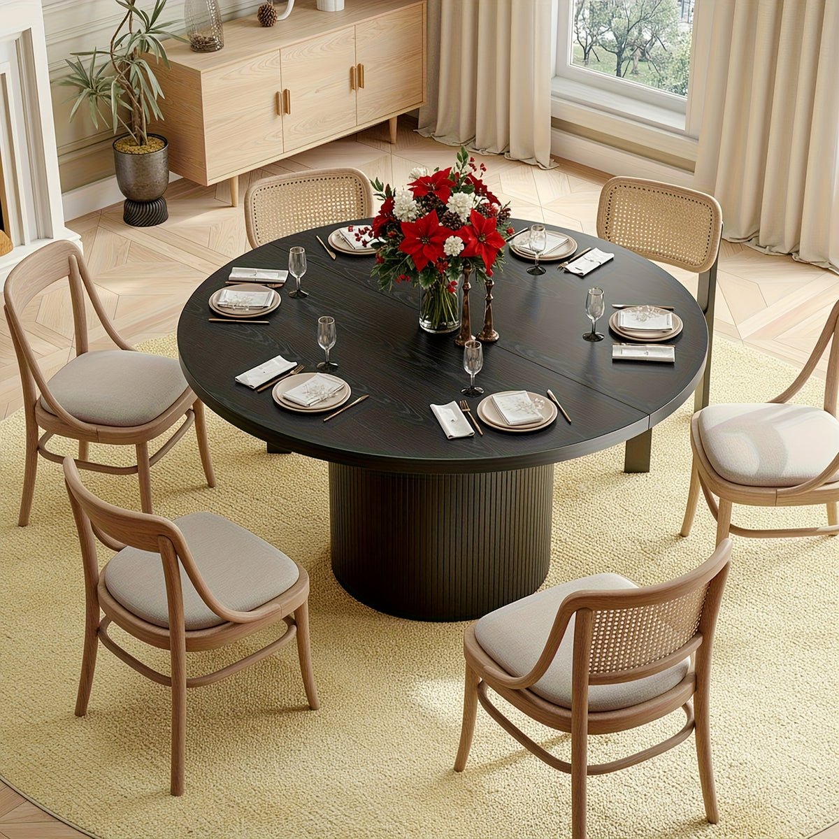 47 Inch Round Dining Table for 4, Circle Kitchen Table with Wood Strip Base, Modern Farmhouse Dinner Tables for Kitchen, Living Room Walnut/Black