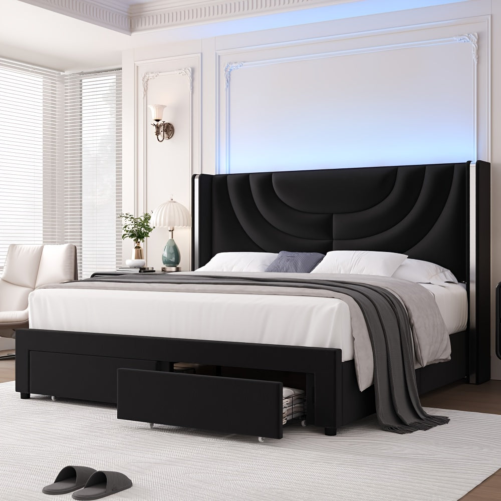 FULTRU Full/Queen/King Upholstered LED Bed Frame with 2 Storage Drawers, Velvet Platform Bed with Wingback Headboard, Solid Wooden Slats Support, No Box Spring Needed, Headboard Splicing Design, Halloween Home Decoration, Christmas Gifts