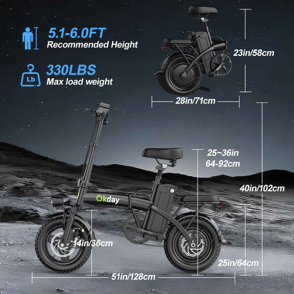 High-Power Electric Bicycle - Long Range, Foldable Portable Electric Scooter, Equipped with Dual Brakes, 14-Inch All-Terrain Tire Wheels, Dual Power Batteries/Electric Mode, Multi-Functional Bicycle, Iron-Carbon Alloy Frame