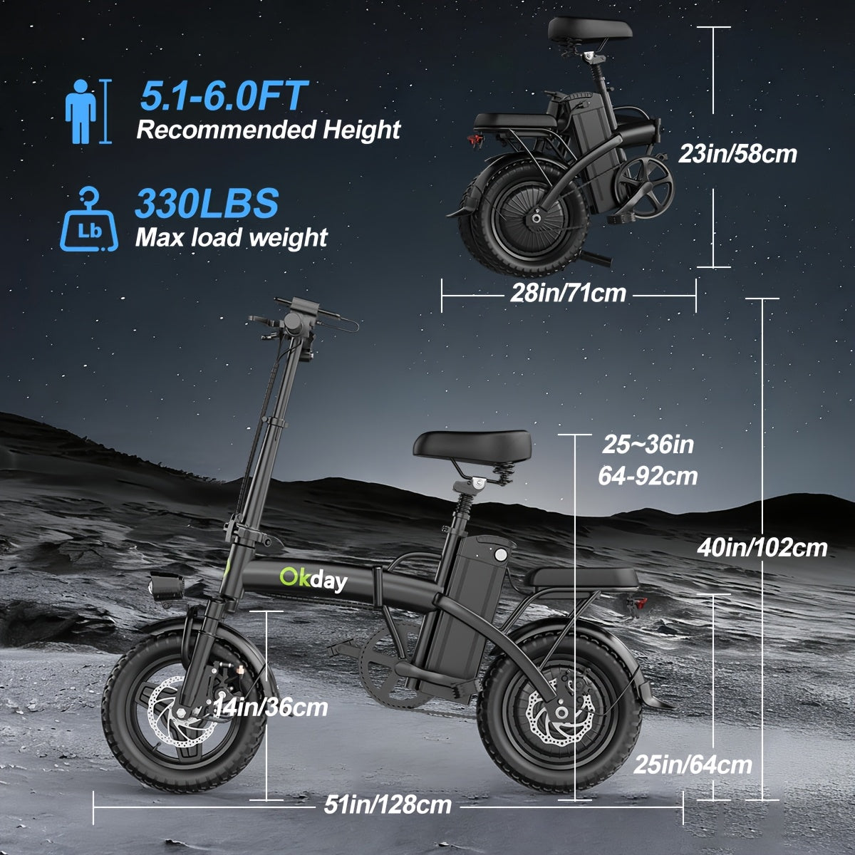 High-Power Electric Bicycle - Long Range, Foldable Portable Electric Scooter, Equipped with Dual Brakes, 14-Inch All-Terrain Tire Wheels, Dual Power Batteries/Electric Mode, Multi-Functional Bicycle, Iron-Carbon Alloy Frame