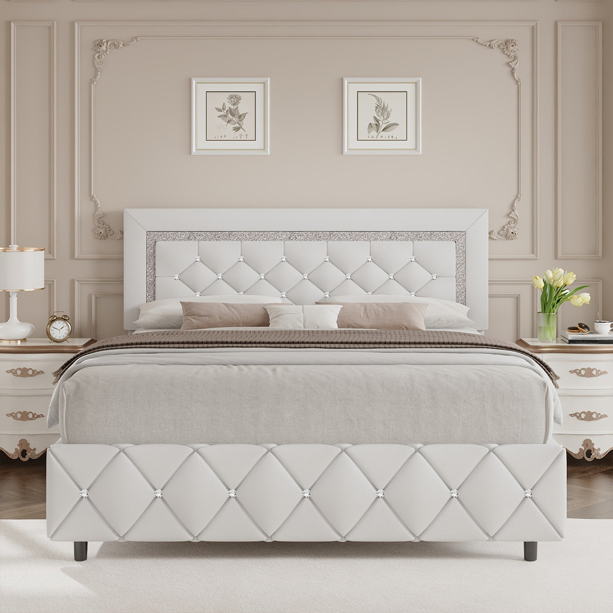 4ever2buy Twin Full Queen King Platform Bed Frame with Upholstered Diamond Headboard, Mattress Foundation with Strong Wooden Slats Support, No Box Spring Needed, Easy Assembly, Valentine's Day Gifts, Pearlized White, Black, Pink, Green, Grey, Beige