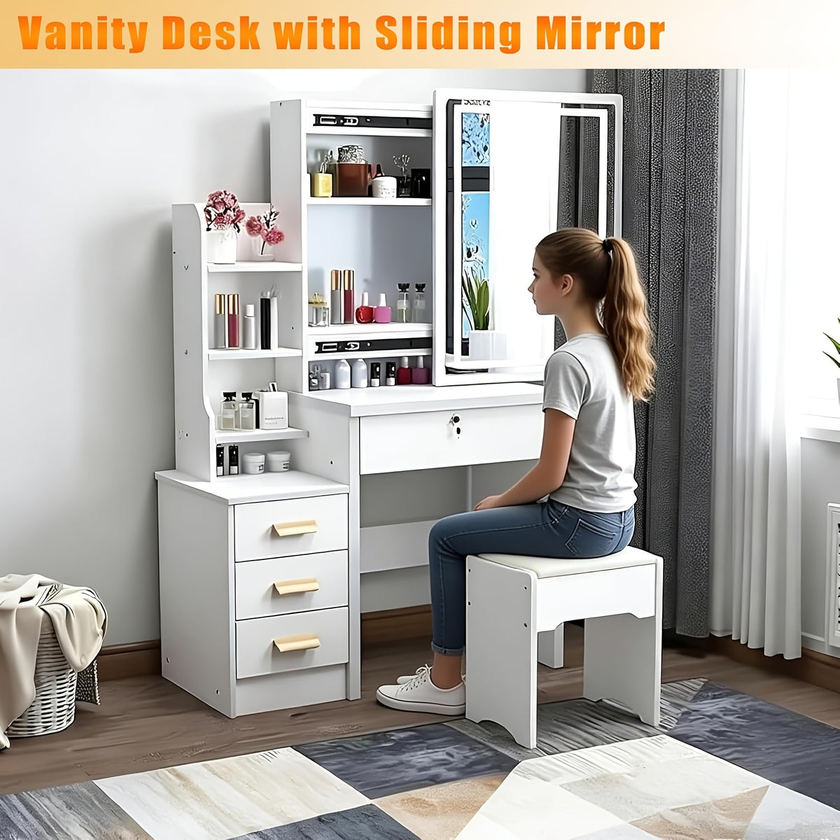Vanity Desk with Sliding Lighted Mirror, Small Dressing Table Set with 3 Color Adjustable Lights Makeup Mirror Desk with 4 Drawers Shelves Girls Vanity Set with Stool for Bedroom Gifts