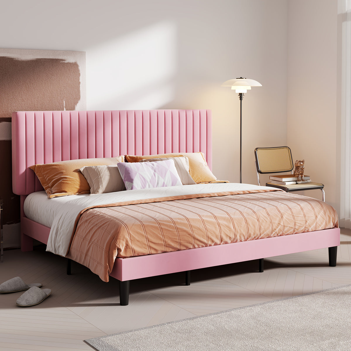HOOMIC Velvet Upholstered Bed Frame with Adjustable Headboard, Contemporary Platform Bed Featuring Vertical Channel Tufting, Wooden Slats for Support, Optional Box Spring, Ideal for Home Bedroom Furniture, Free Shipping Available
