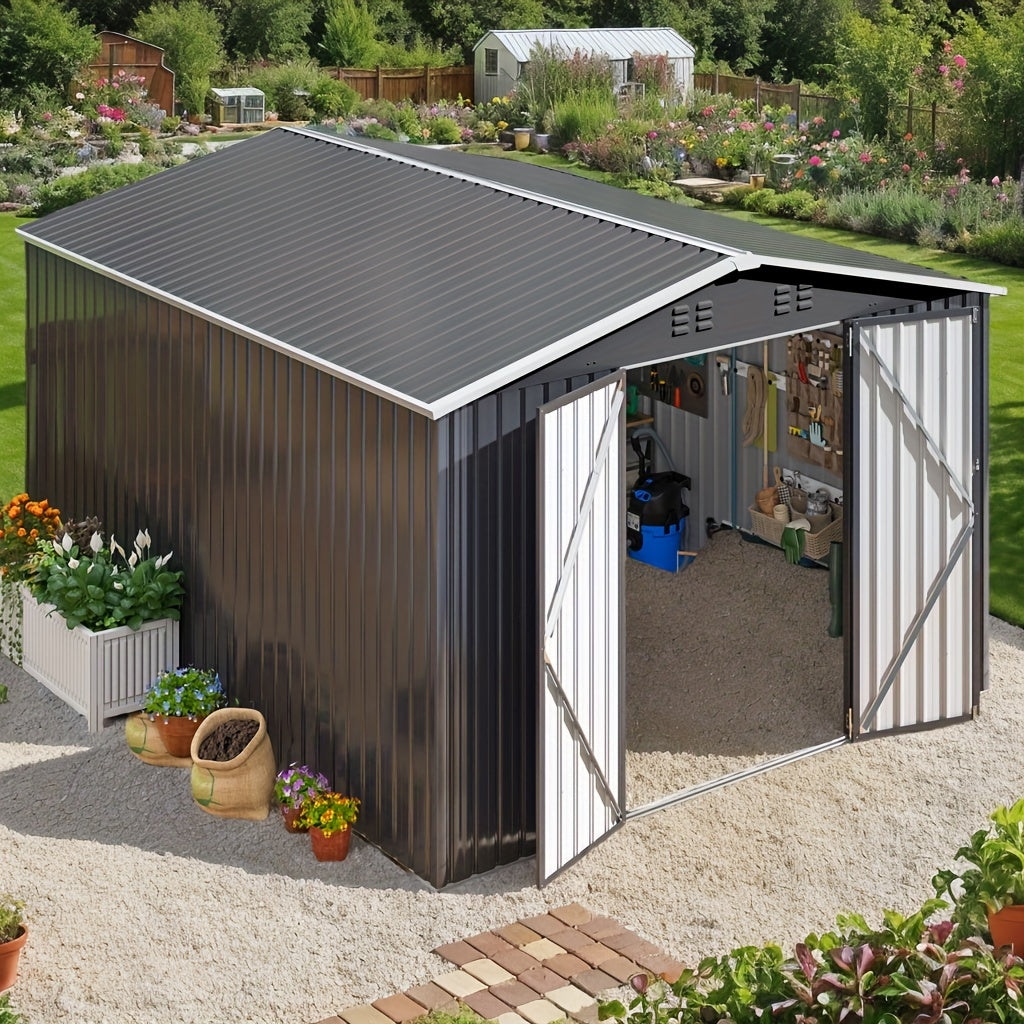 5x3-12x14ft Outdoor Storage Shed, Metal Garden Shed with Updated Frame Structure, Tool Sheds for Backyard Garden Patio Lawn, Black Or White