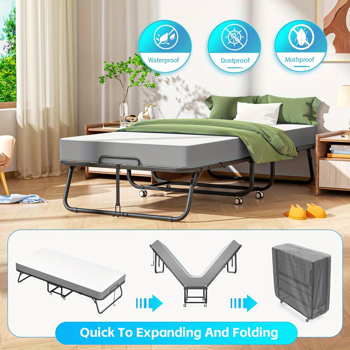 Folding Bed with Mattress, 75" X 31" Roll Away Beds for Adults, Metal Frame Fold Up Beds with Memory Foam Mattress, Guest Bed