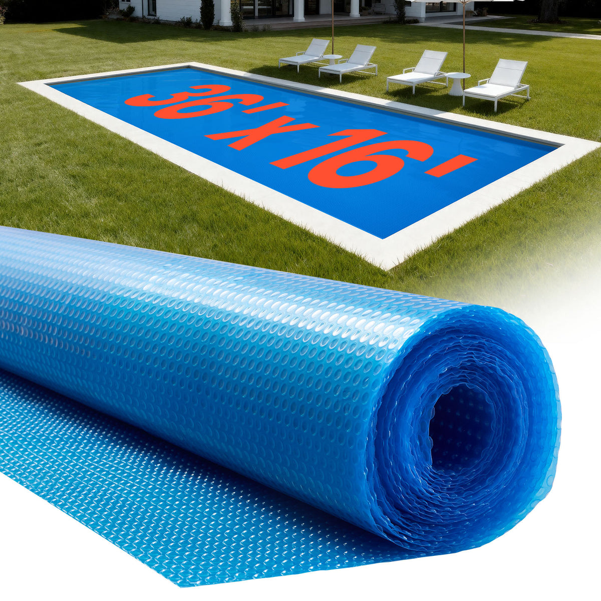 VEVOR Solar Pool Cover, 36 x 16 ft / 36 x 18 ft Rectangle Pool Bubble Cover, 12 Mil / 8 Mil Pools Solar Blanket with Bubble & PE Material, Daytime Heat Absorption, Nighttime Heat Retention, Heat Retaining Solars Covers, Blue