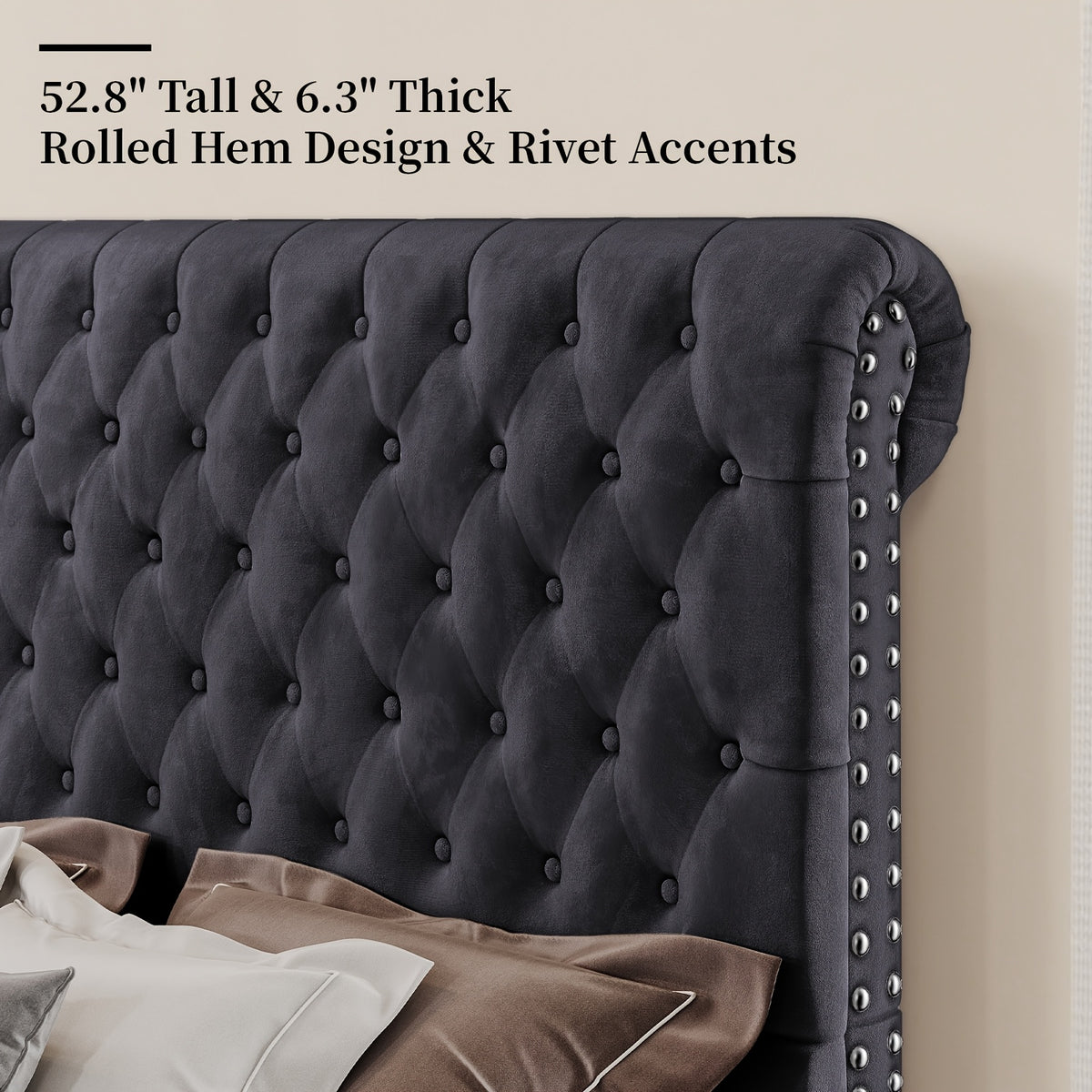 LUXOAK Bed Frame King/Queen Size, Velvet Tall Headboard King Bed Frame with Button Tufted 52.8" Tall Sleigh Headboard, No Box Spring Needed, Easy Assembly