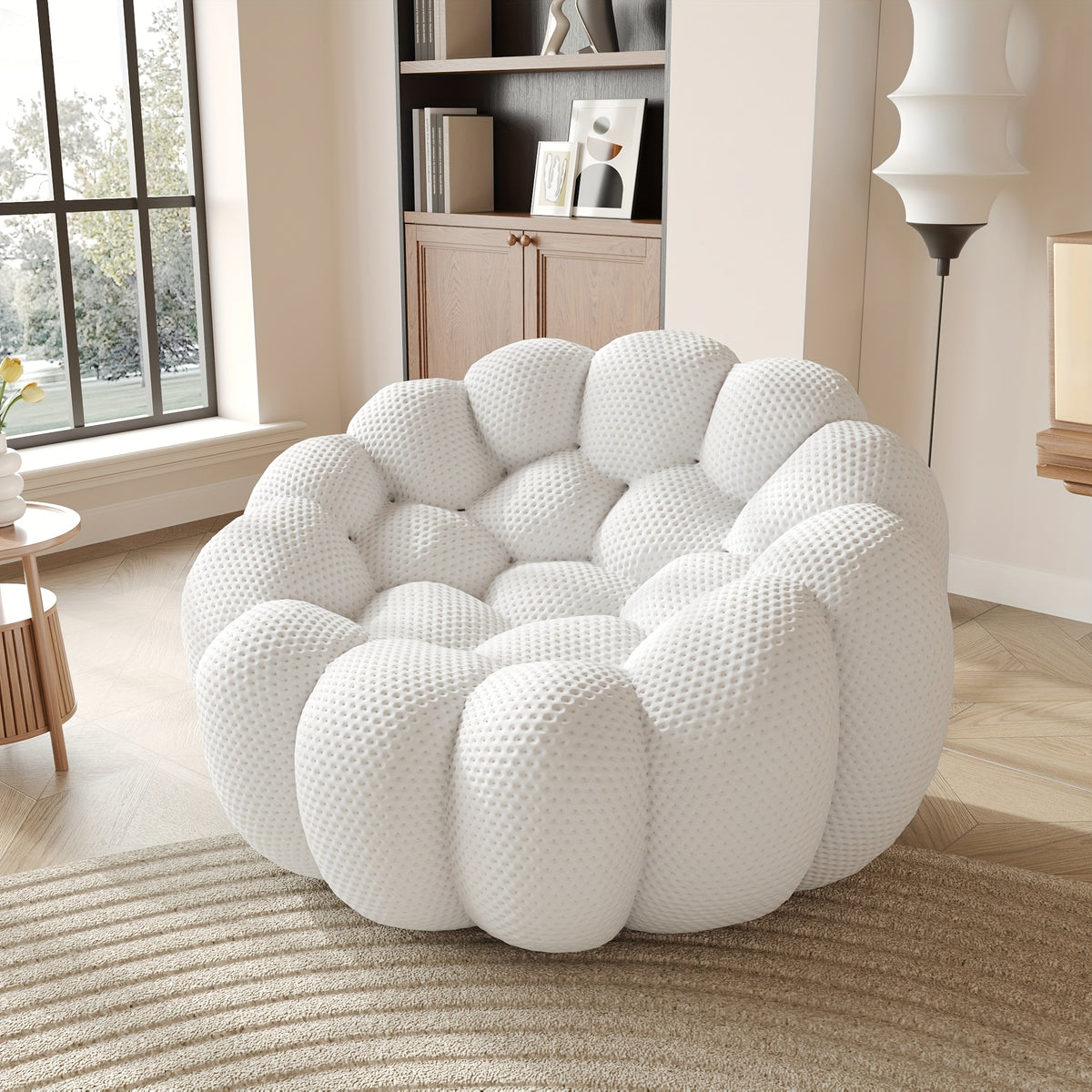 100.03'' Modern Upholstered Curved Sofa, 3 Seater Mesh Fabric Floor Sofa, 3D Honeycomb Shape Curved Couch for Living Room