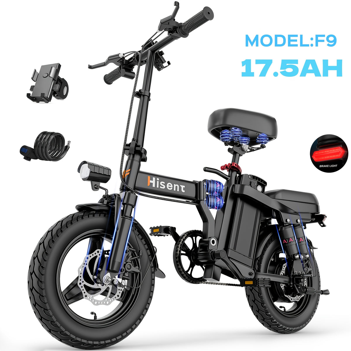[Hisent New Upgraded Foldable Electric Bike]Rated Power: 500W, 48V 10AH-17.5AHLithium Battery, Range: 12-35 Miles (optional); Speed: 19.9 Miles Per Hour; 14-inch Tires, Available In Basic And Shock-absorbing Models; Suitable for Commuting