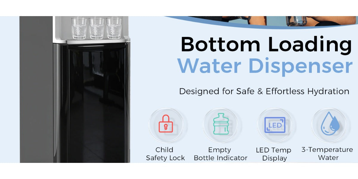 Bottom Load Water Dispenser, LED Display, Hot Cold & Room Water, Stainless Steel Tank, Child Lock, 3 & 5 Gallon for Home & Office