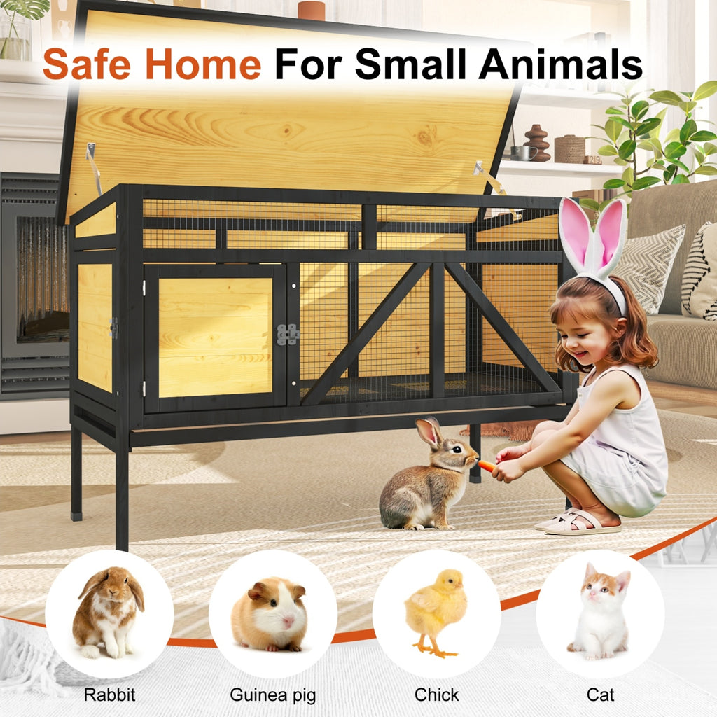 Rabbit Hutch, 46.7" Elevated Rabbit Cage - Indoor & Outdoor Rabbit Hutch, Wooden Design with Removable Tray, Bunny Cage for Guinea Pig, Asphalt Roof And Bottom Wire Mesh for Small-Medium Animals, Without Battery