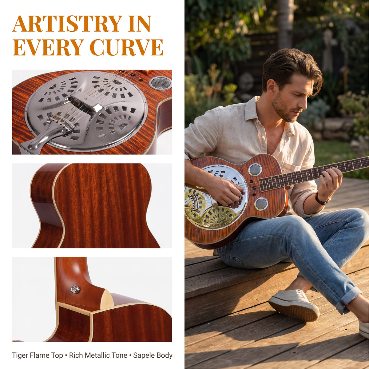 Acoustic Resonator Guitar Full Size 40 Inch Steel String, Beginner Acoustic Guitar Kit With Strap Capo Picks Wrench, Country Bluegrass Folk Blues Slide Fingerpicking Right Handed, Spruce Top Amber Orange Holiday Birthday Gift Musical Instrument