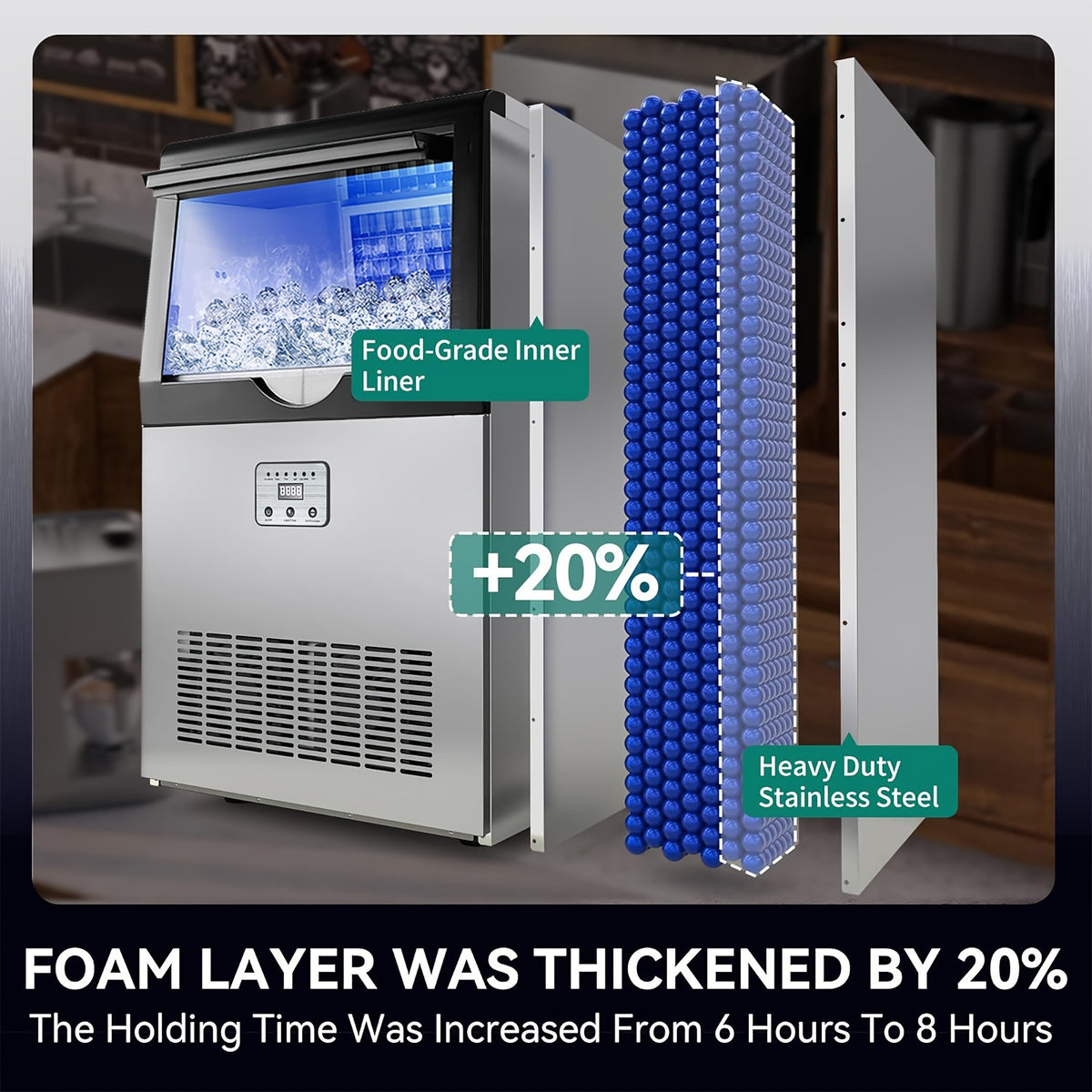 Commercial Ice Maker Machine 100LBS/24H with 13LBS Storage Bin, Freestanding/Under Counter Ice Machine for Home/Party/Bar/Restaurant, Include Water Filter, Scoop, Connection Hose