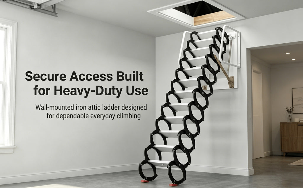 10ft Wall-Mounted Space Saving Attic Stairs, Black & White Titanium-Magnesium Alloy Construction, Supports Up to 880 Lbs, Ideal for Attics, Garages, Basements, Warehouses & Retail Stores