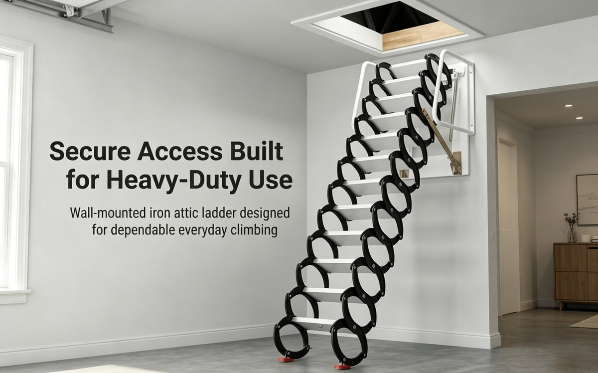 10ft Wall-Mounted Space Saving Attic Stairs, Black & White Titanium-Magnesium Alloy Construction, Supports Up to 880 Lbs, Ideal for Attics, Garages, Basements, Warehouses & Retail Stores
