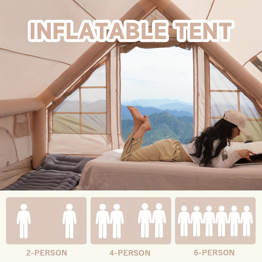 PAKICETUS Premium Inflatable Camping Tent For 4-6 Person, Summer Glamping With Quick Air-Flow & Breathable Mesh, 4 Season All-Weather Shelter, Luxury Large Air Tent With Manual Pump, Easy Setup Heavy-Duty Windproof Family Outdoor House