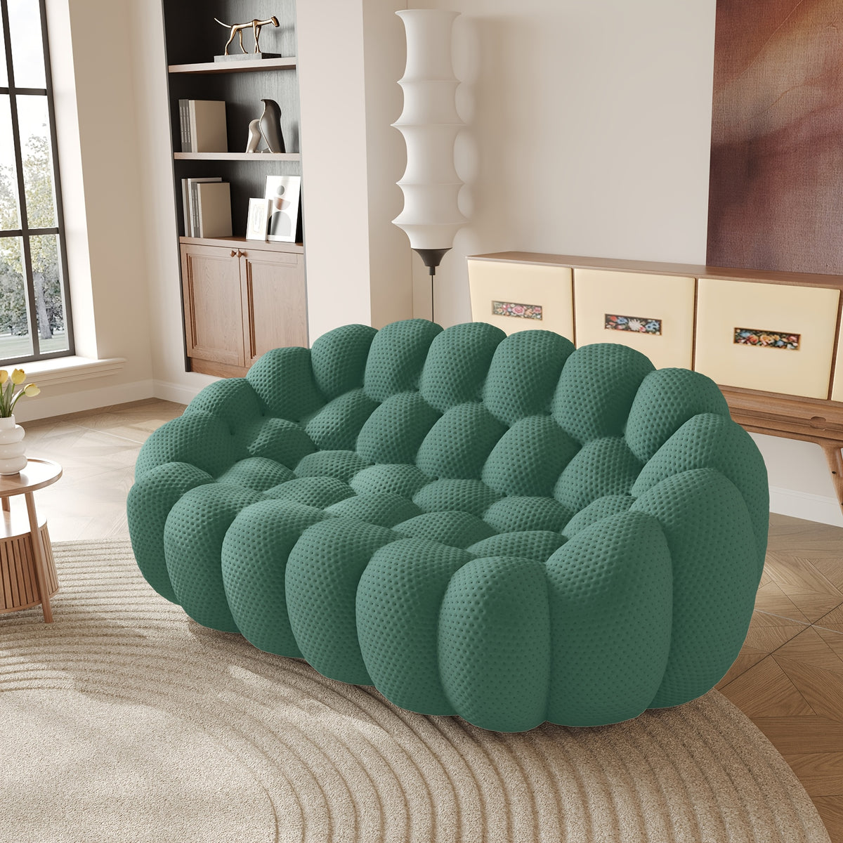 100.03'' Modern Upholstered Curved Sofa, 3 Seater Mesh Fabric Floor Sofa, 3D Honeycomb Shape Curved Couch for Living Room