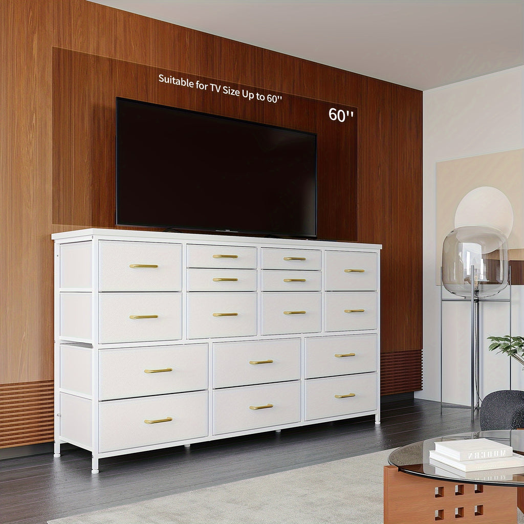 TV Stand Dresser with Power Outlet And USB White Dresser for Bedroom with 16 Drawers TV Stands for Living Room TV Stand with Storage for Bedroom, Media TV Console Table 51.1"W X 11.8"D X 34.8"H