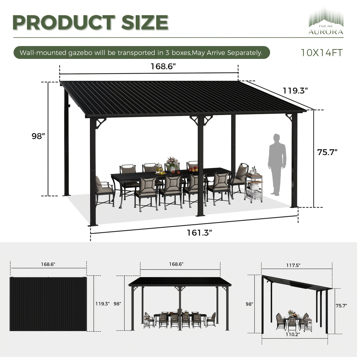 10x10/10x12/10x14 FT Gazebo, Hardtop Pergola, Metal Gazebos On, Wall-Mounted Gazebo & Pergola, Awnings For Patio, For Backyard, Deck