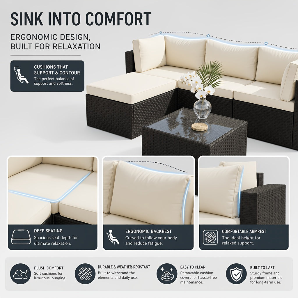 Discount! 5/6pcs L-Shaped Rattan Patio Sofa Set with Cushions, Glass Coffee Table & Ottoman, Perfect for Patio, Backyard, Garden, Balcony, Terrace, Poolside, Porch, Villa Outdoor Areas, Homestays, And Restaurant Outdoor Lounges