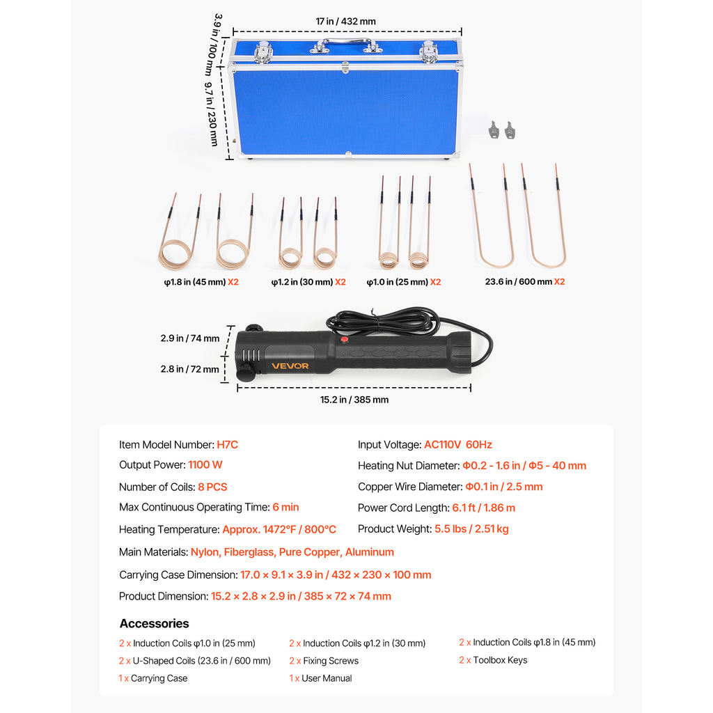 VEVOR Induction Heater Bolt Removal, 1100W 110V Magnetic Induction Heater Kit, Handheld Nut Buster Tool, Mini Heating Machine for Rusty Screw Removing, Car Garage Repairing Tools with 8 / 10 Coil and Box