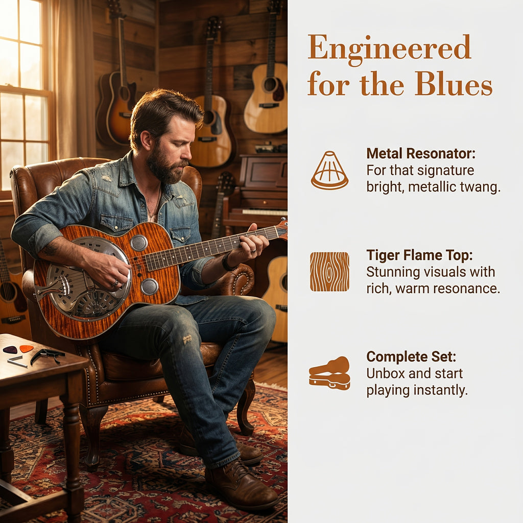 Acoustic Resonator Guitar Full Size 40 Inch Steel String, Beginner Acoustic Guitar Kit With Strap Capo Picks Wrench, Country Bluegrass Folk Blues Slide Fingerpicking Right Handed, Spruce Top Amber Orange Holiday Birthday Gift Musical Instrument