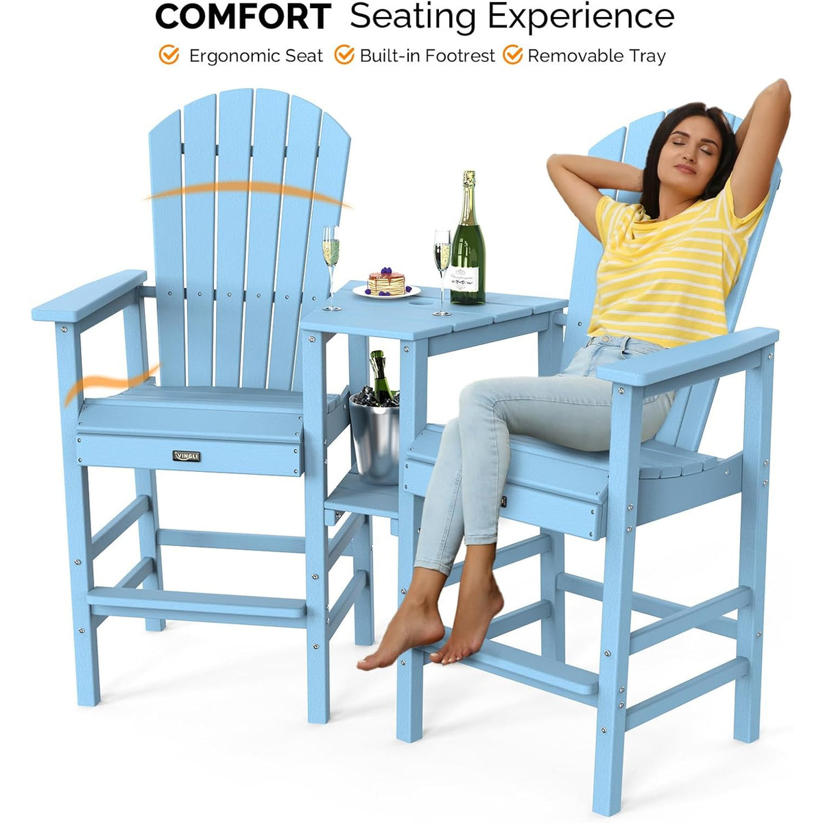 Tall Adirondack Chairs Set of 2 HDPE Balcony Chair with Double Connecting Tray Weather Resistant Outdoor Bar Stools for Patio Deck Lawn Pool Backyard Black