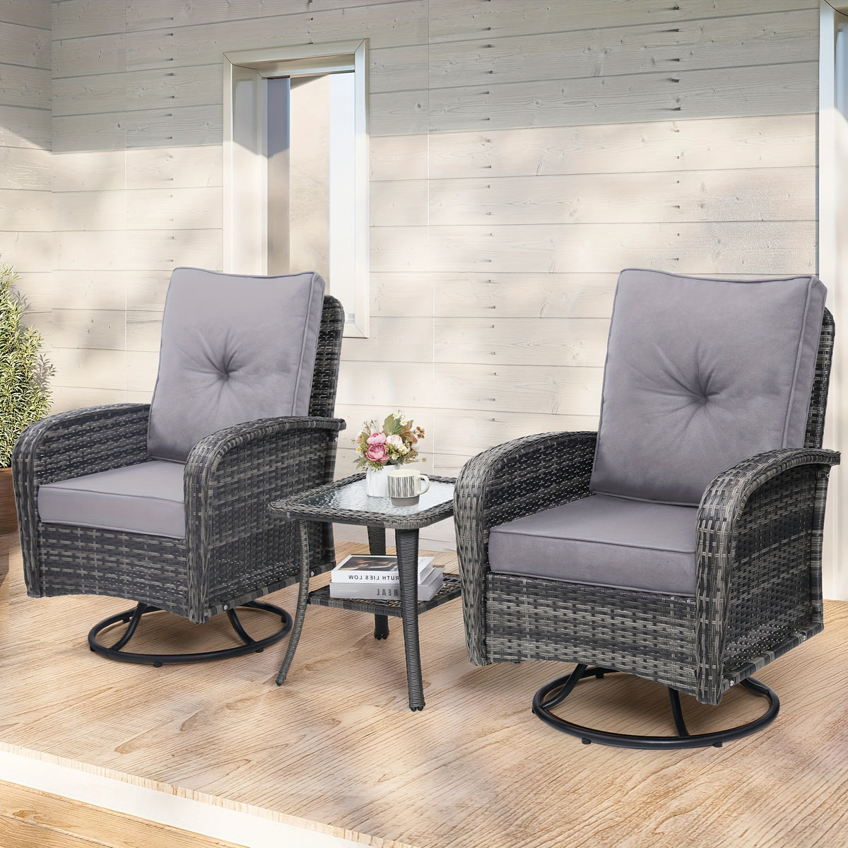 3pcs Patio Wicker Glider-Rocker Set, 360-Degree Swivel, Includes 2 Large Wicker Gliders And Matching Rattan Table, Thick Comfortable Washable Cushions, Perfect for Deck, Porch, Patio, As an Accent Chair Set