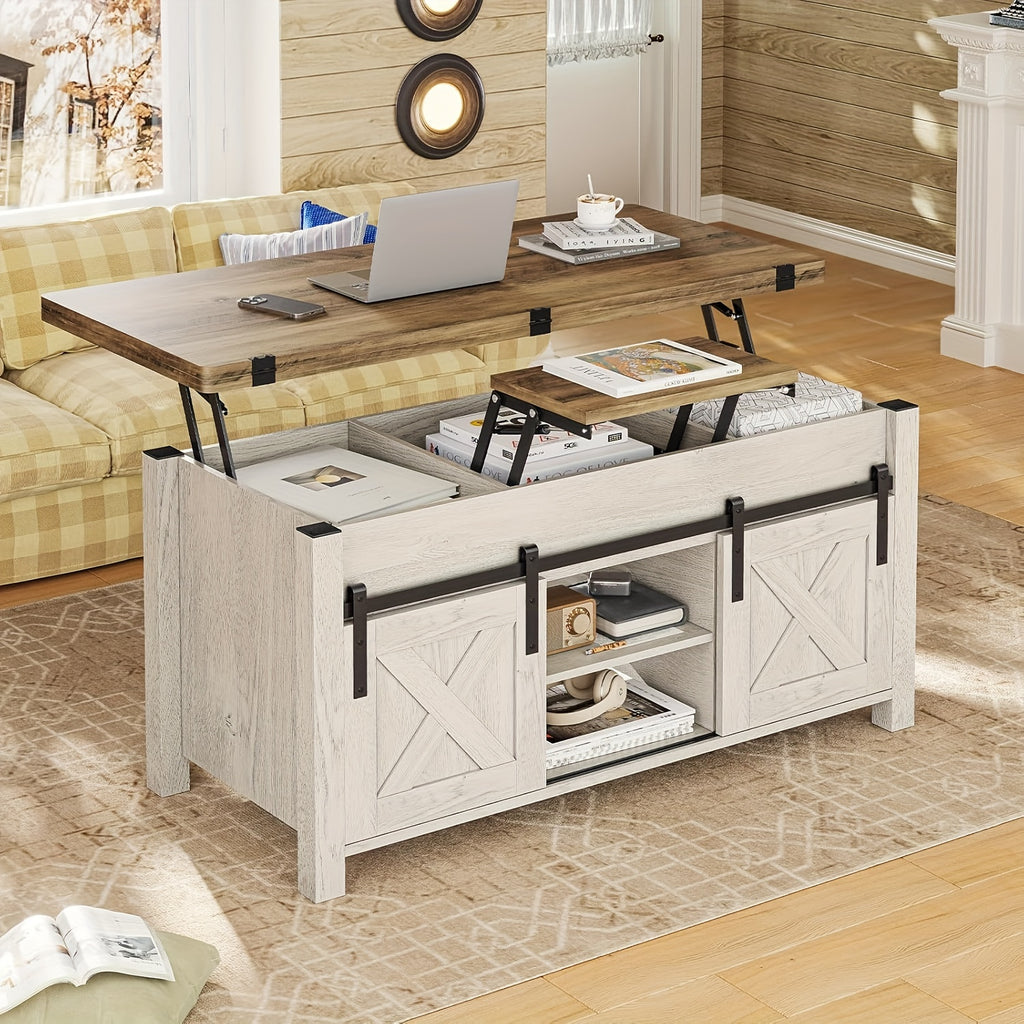 Farmhouse Lift Top Coffee Table with Hidden Compartments And Open Shelves, Center Table with Sliding Barn Door for Living Room Home Office, Light Oak Gray