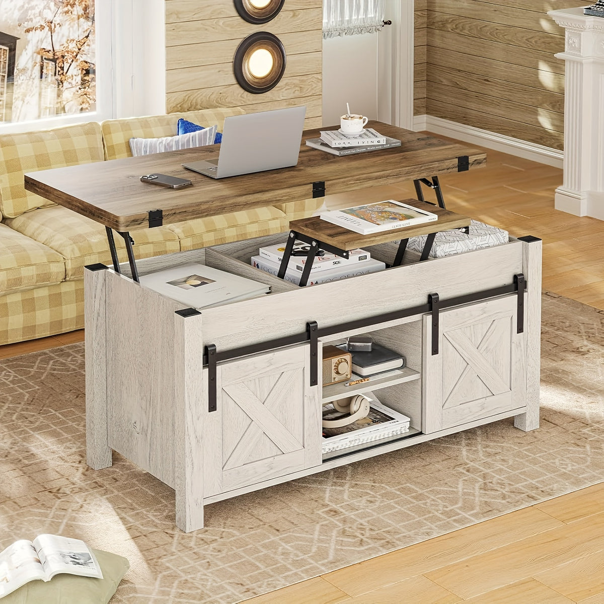 Farmhouse Lift Top Coffee Table with Hidden Compartments And Open Shelves, Center Table with Sliding Barn Door for Living Room Home Office, Light Oak Gray