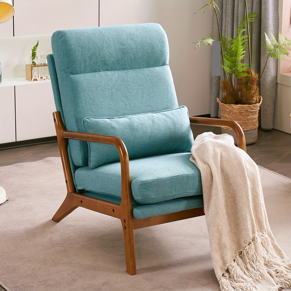 High Back Mid Century Modern Accent Chair, Soild Wood Padding Lounge Armchairs Side Sitting Chairs For Living Room, Bedroom