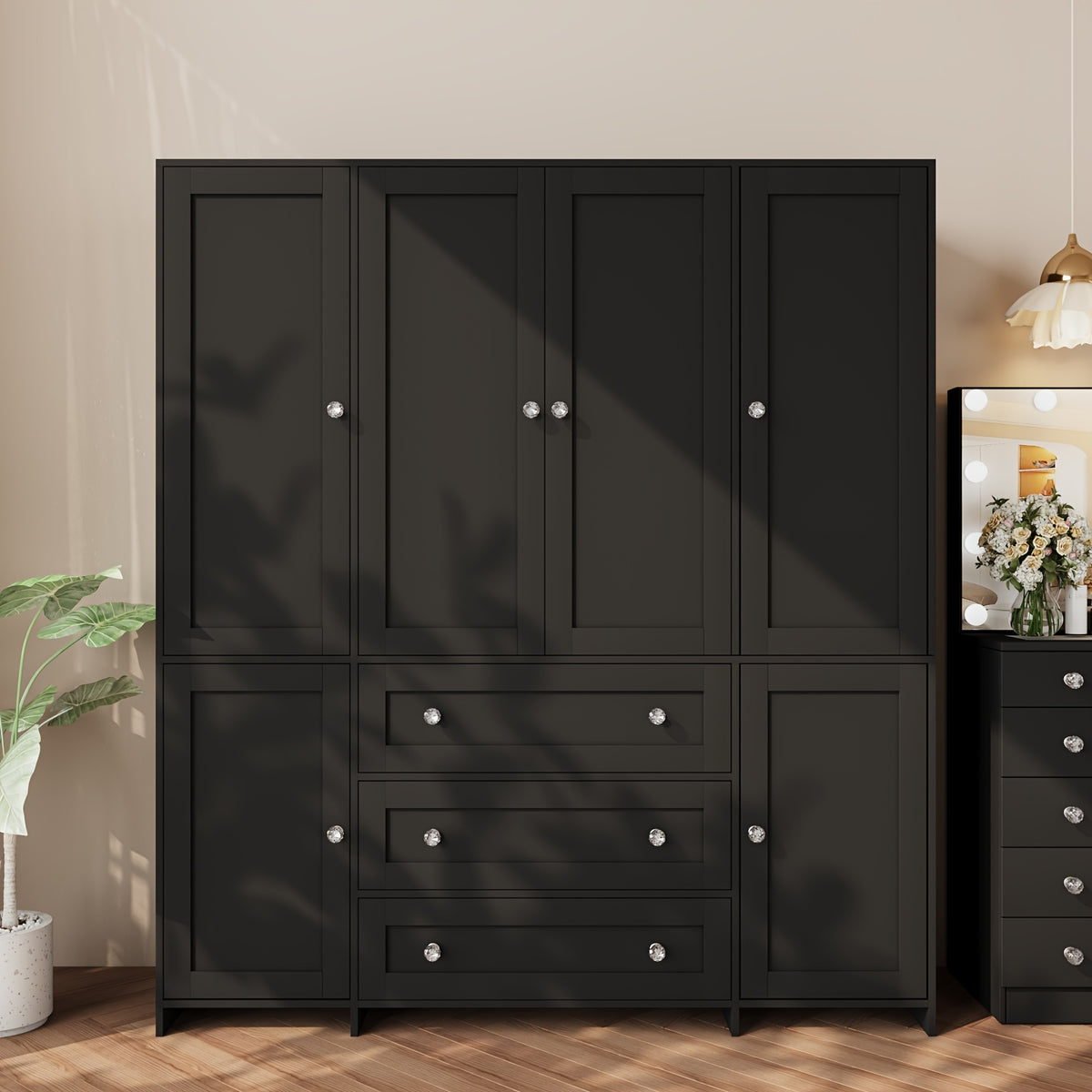 31.5" /47.3"/63" Wardrobe Armoire Closet with Mirror & Hanging Rod, Large Drawers & 2/3/4 Doors