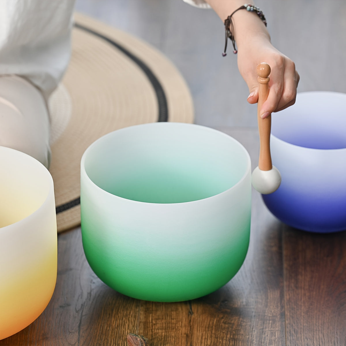 432Hz 7pcs Set Of 6-12 Inch Aria Gradient Design Frosted Quartz Crystal Singing Bowls with Free 2pcs Travel Carry Case Bag.