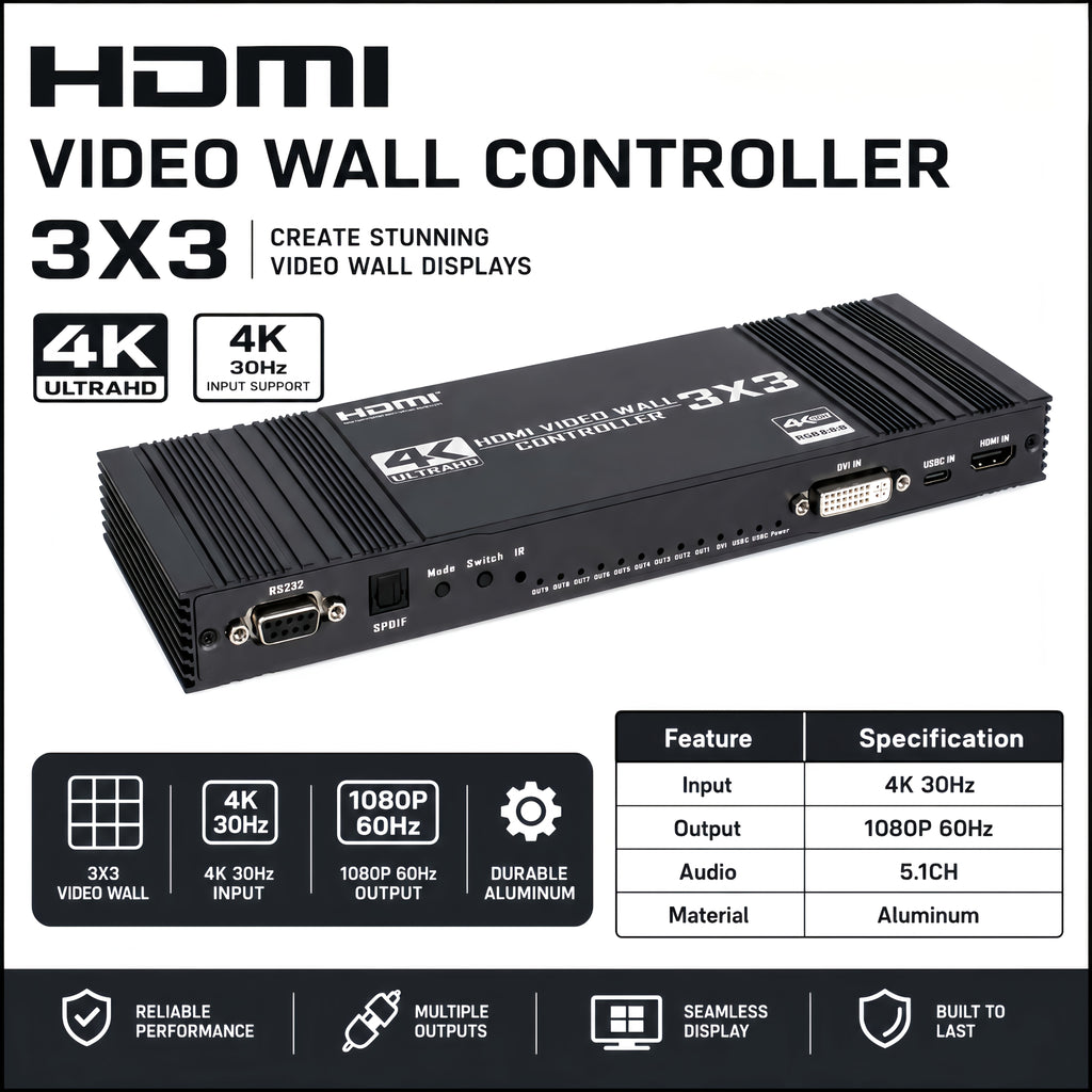 3x3 HDTV Video Wall Controller, 4K@30Hz Input 1080P@60Hz 9 HDTV Output TV Splicer | 17 Display Modes, 90°/180°/270° Rotation, Bezel Fusion, SPDIF 5.1CH Audio Extractor, Plug & Play With IR Remote For Advertising Screen, Home Theate