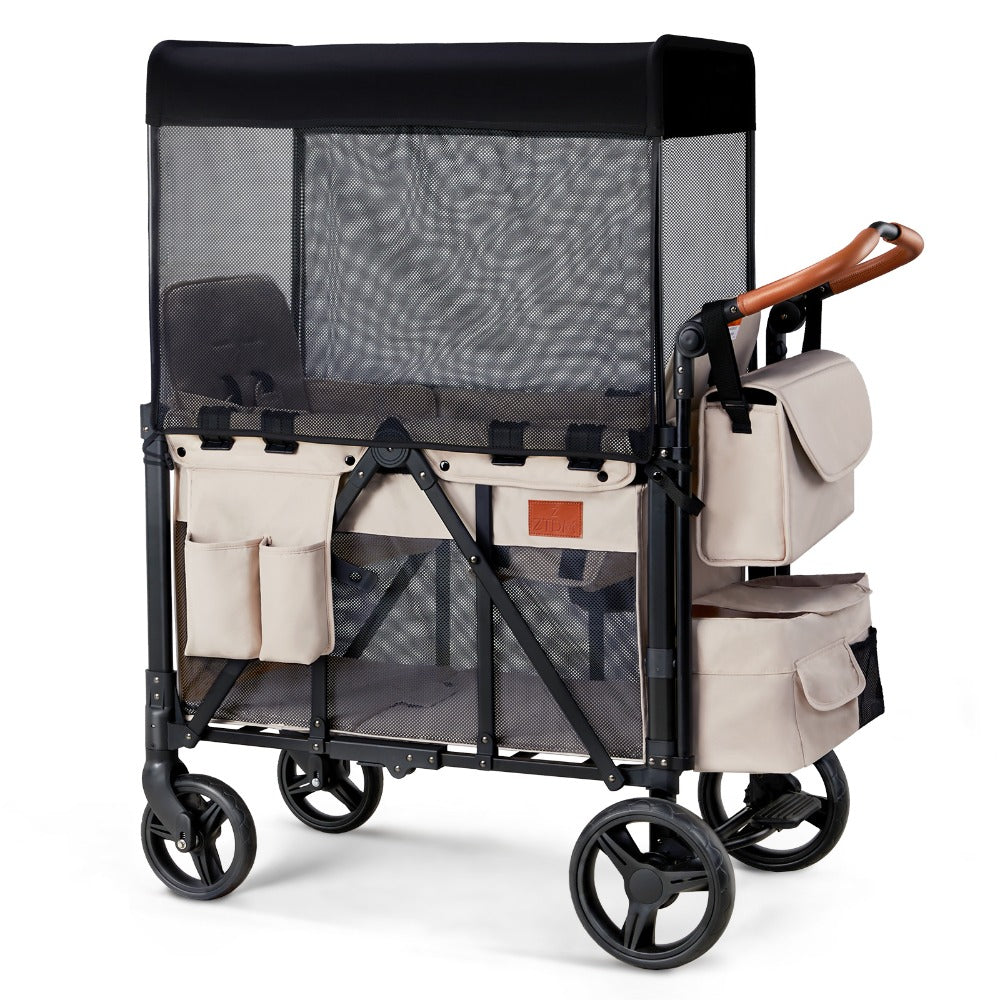Joymor Foldable Wagon Stroller for 2 Kids, All-Terrain Stroller with Storage Bags And Safety Belts, Sport Stroller Wagon for Children, Shock-Absorbing Wheels And Removable Canopy, for Outdoor