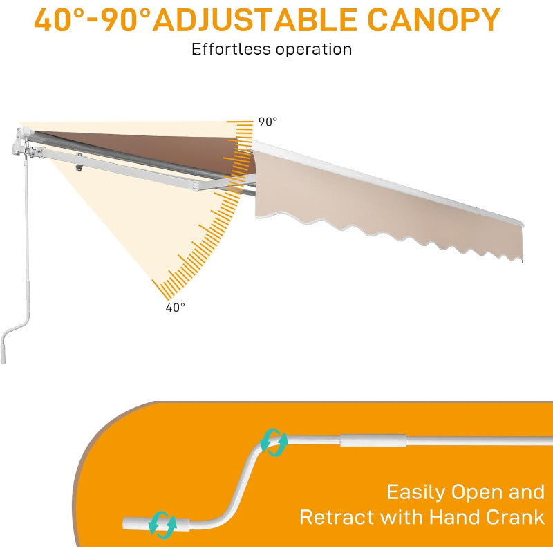 Bonnlo 12x10 FT Grey Polyester Patio Awning Canopy UV Water Resistant Outdoor Retractable Sunshade Shelter with Manual Crank Handle