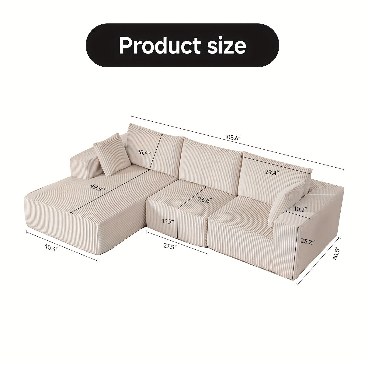 108-inch Modular Sectional Sofa, L-Shaped Cloud Couch with Chaise, Black Plush Fabric, Deep Seat Upholstered Couches for Living Room, Boneless Sofa
