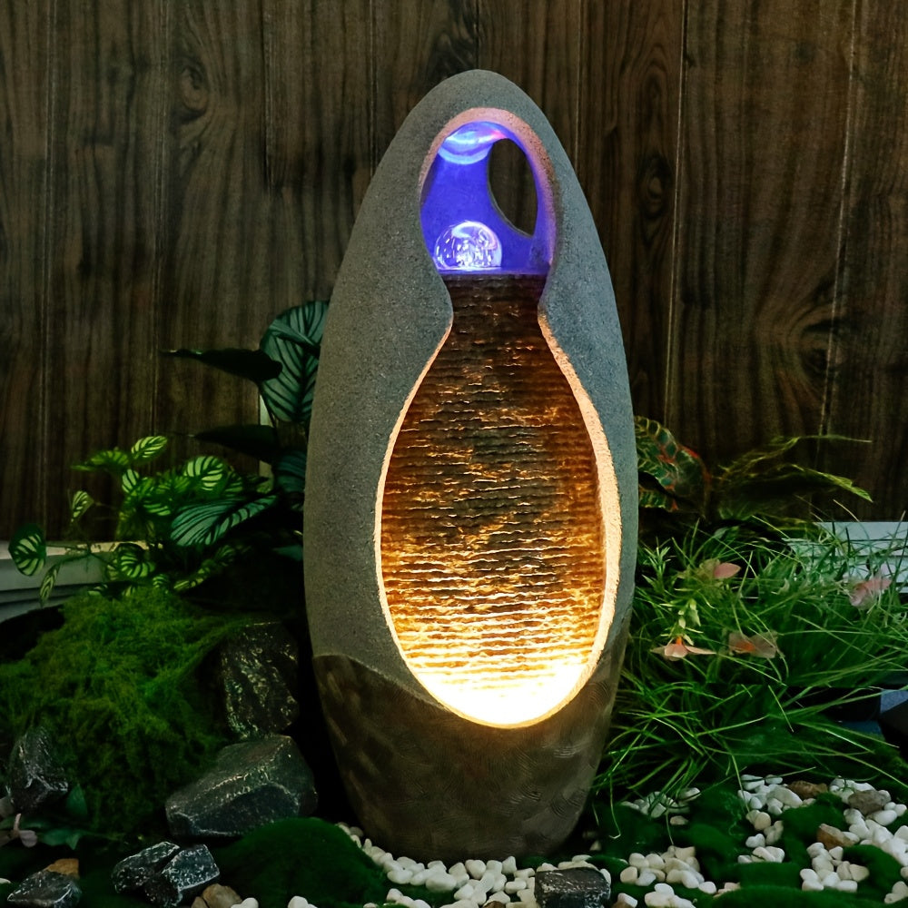 An Indoor Floor Fountain, Standing 27.55 Inches Tall. It's A Home Decor Item, A Large Cobblestone Floor Fountain Ornament, Complete with A Glass Ball And Lighting Features.