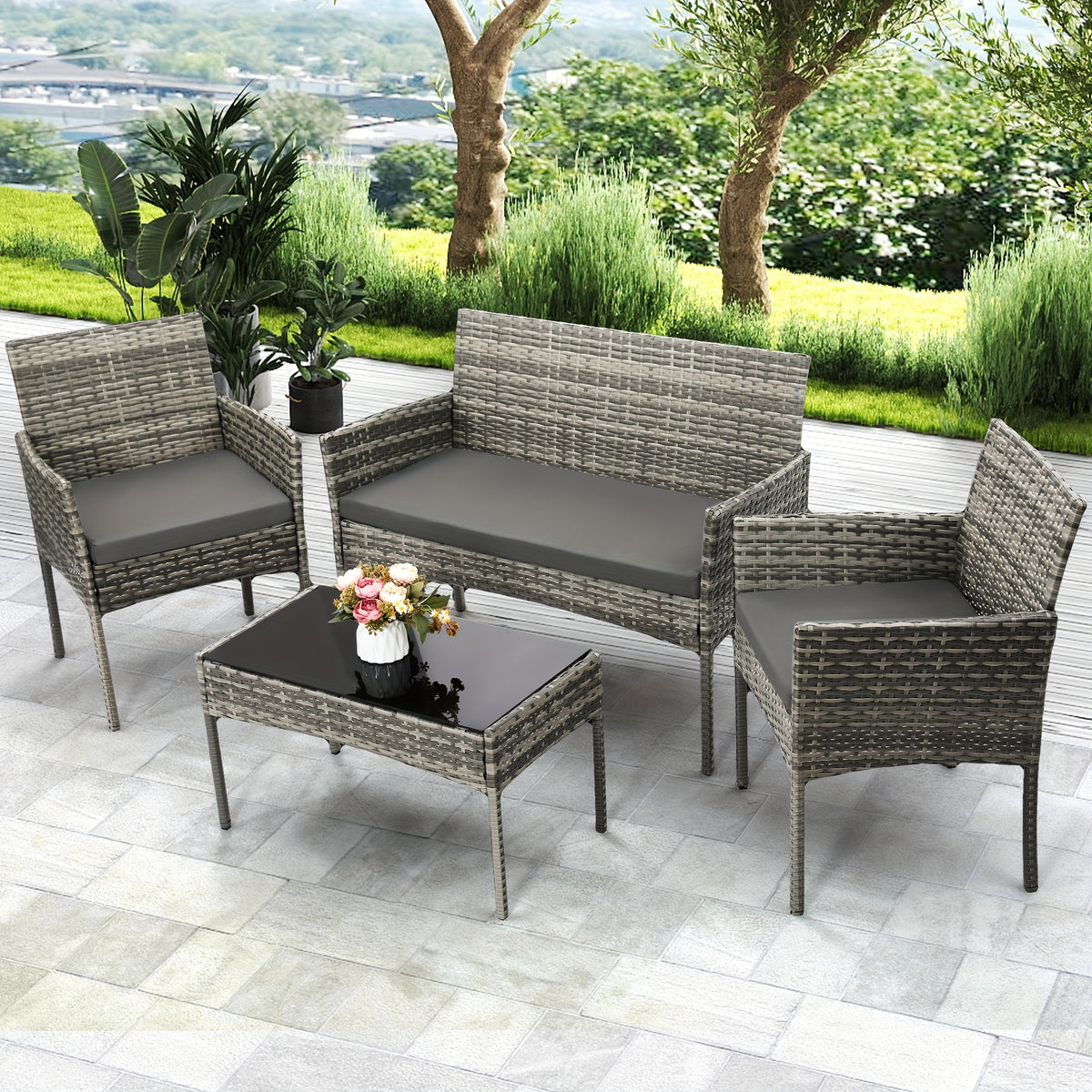 KROFEM 4pcs Bistro Conversation Rattan Furniture Set, Designed for Casual Worry Free Outdoor Living, Premium Quality Sofa, 2 Chairs And Sofa Loveseat with Cushions Plus Glass Top Coffee Table, for Patio, Porch, Or Balcony