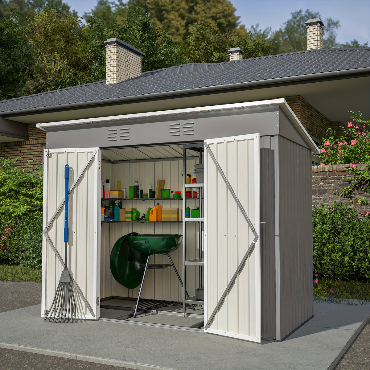 Outdoor Metal Storage Shed, 8' x 4' Gray Backyard Organizer with Lockable Door and Floor Frame