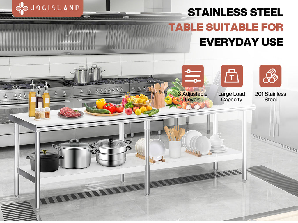 30×48–30×108 Inch Stainless Steel Commercial Work Table with Rounded Corners Adjustable Shelf And Feet for Kitchen Garage Gardening