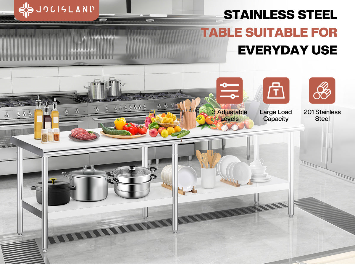 30×48–30×108 Inch Stainless Steel Commercial Work Table with Rounded Corners Adjustable Shelf And Feet for Kitchen Garage Gardening