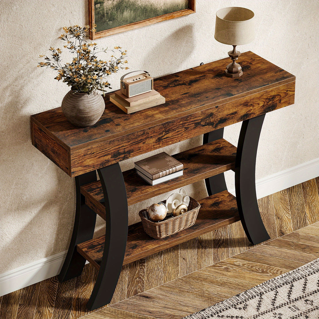 41" Rustic Brown 3-Tier Console Table with Curved Frame & Storage Shelves - Heavy-Duty Engineered Wood Construction, 3-Tier Design, Sturdy Base