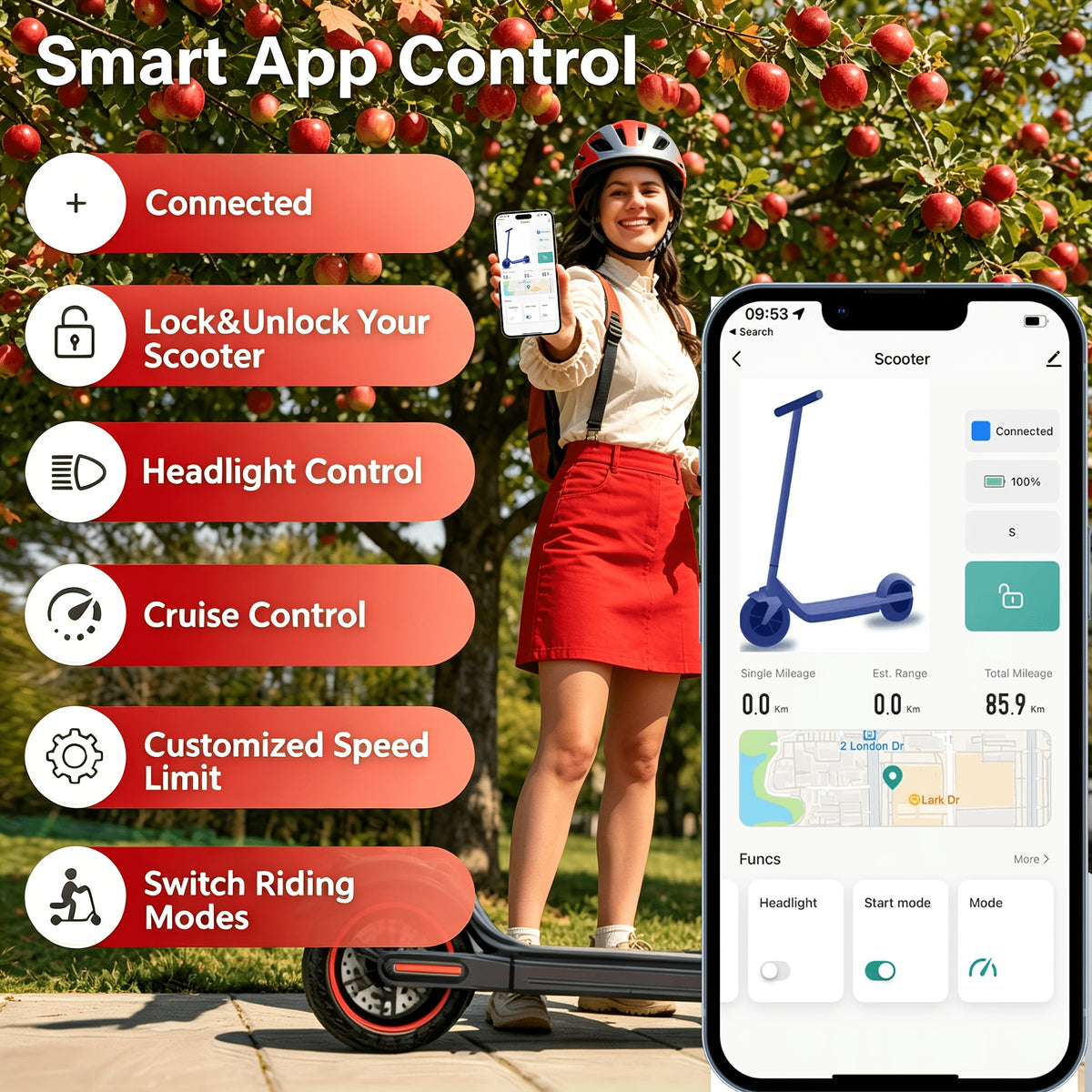 Smart APP Controlled Adult Foldable E-Scooter, 350W Motor, Long Range, 8.5" Anti-Slip Solid Tires, Clear LCD Dashboard, 3 Speed Settings, Dual Brakes, LED Front & Rear Lights, Built-in Bell, Durable Aluminum Alloy Frame, 265 LBS Weight Capacity