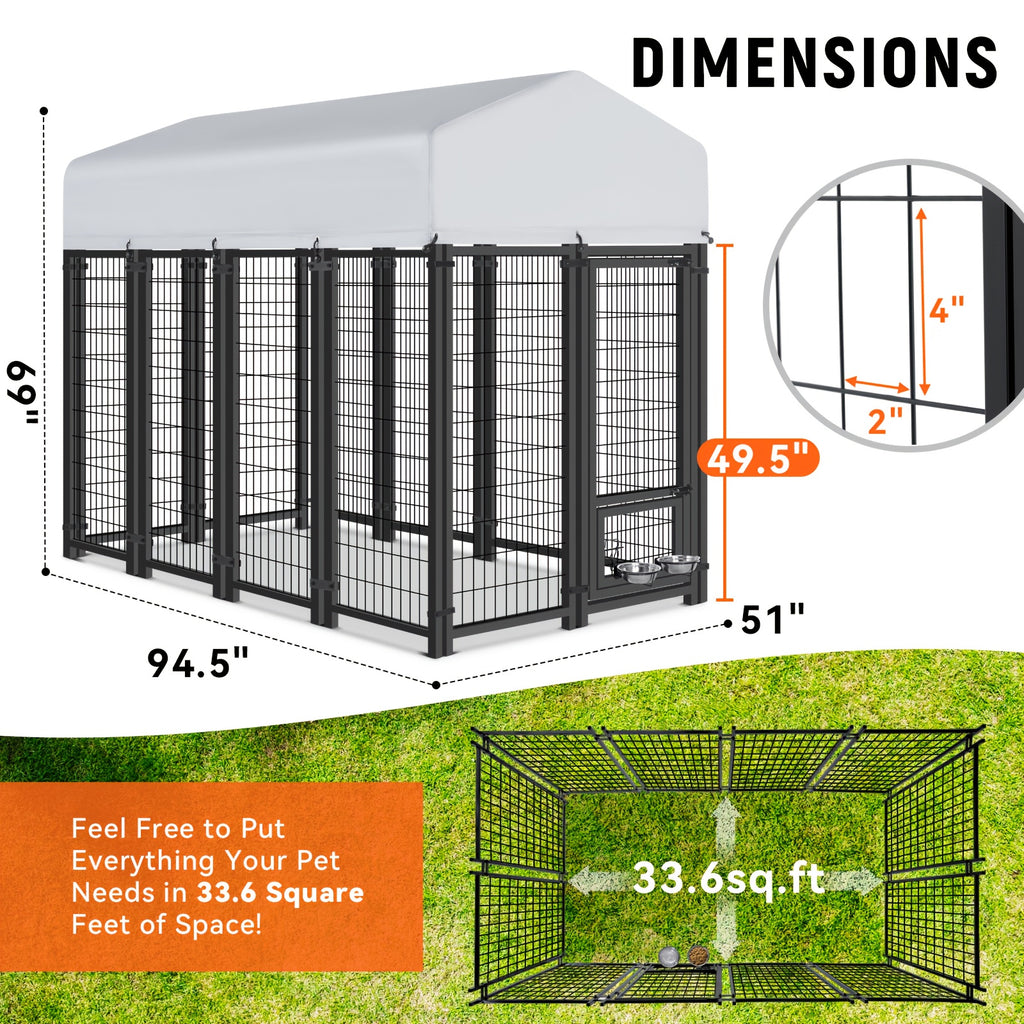 TOWALKER Outdoor Dog Enclosure for Big Dogs, Sturdy Welded Wire Steel Dog Play Area Fence Featuring a Secure Lock, Pet Pen with Uv-Resistant Roof Cover for Outdoor Use