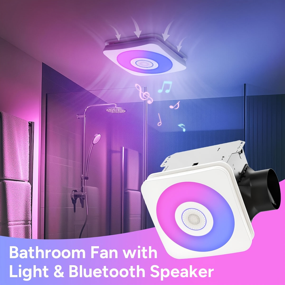 [3-in-1 Bluetooth Fan] SYVIO Bathroom Exhaust Fan with Bluetooth Speaker, 3-in-1, (100/150 CFM | 1.0 Sone Ultra-quiet)Dual Wind Speed, 30W High-efficiency Ventilation, Integrated 1300lm RGB Three-color Temperature LED Night Lighting (2700K/4000K/6500K) Mu