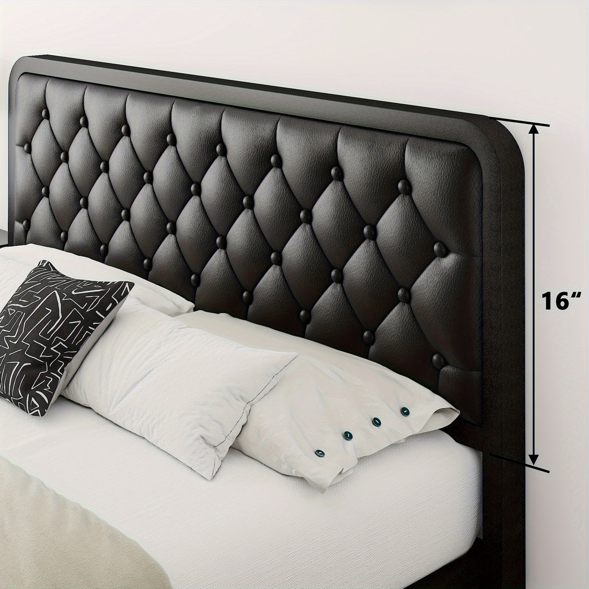 Sturdy Platform Bed Frame Featuring a Button-Tufted Headboard in Black Faux Leather Or Dark Grey Linen, Offering 12 Inches of Storage Space