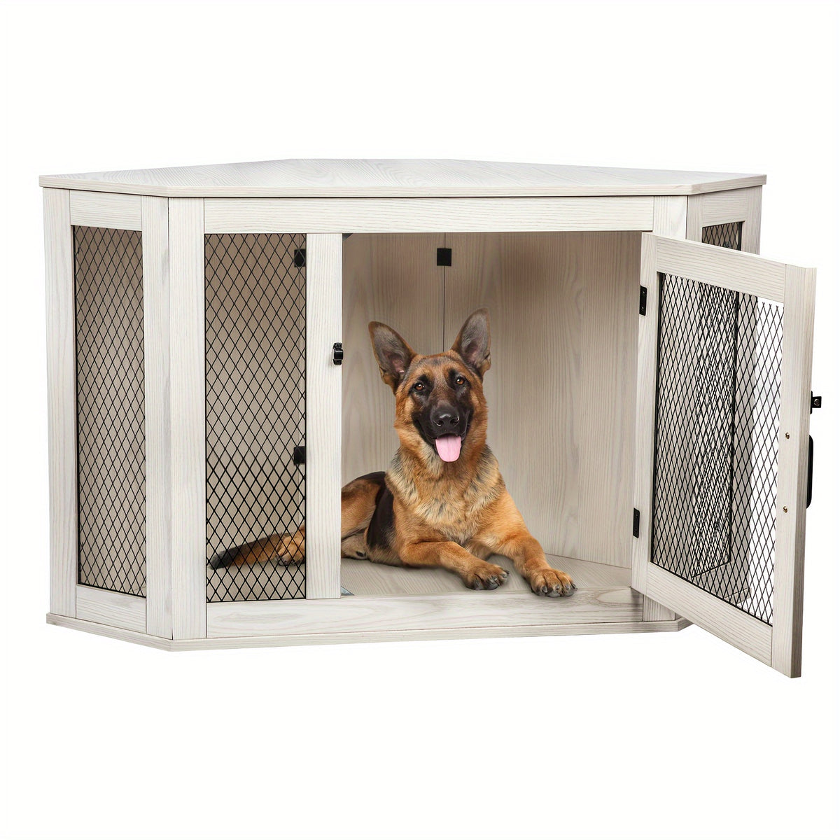 Corner Dog Crate Furniture, 44 Inch Wooden Dog Kennel End Table with Mesh, Decorative Pet Crate Dog House for Large/Medium/Small Dog Indoor Use