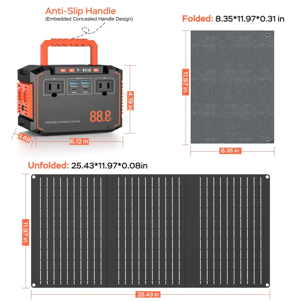 Portable Power Station 237Wh With 60W Solar Panel/88Wh &30W SL/111Wh &30W SL, Or 88.8Wh/237Wh.with 2*AC/USB-C PD/USB QC3.0/DC Output, LED Emergency Power Light For Outdoor Camping, RV Traveling, Emergencies For Gift