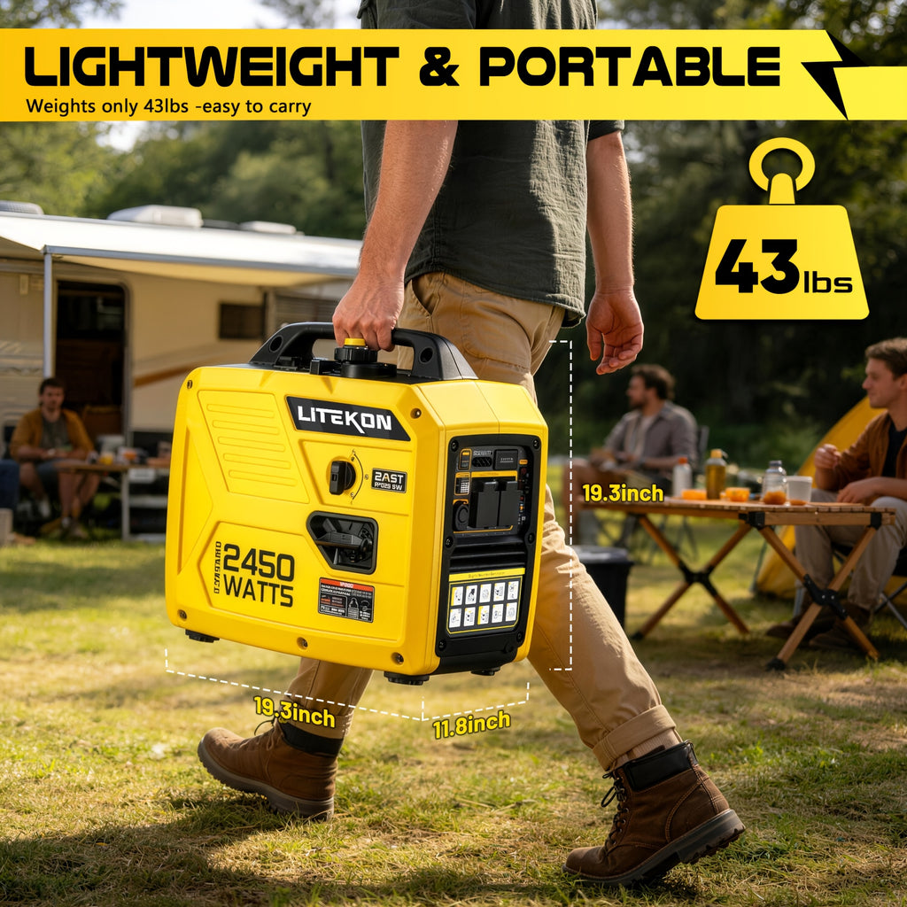 2450-Watts Portable Inverter Generator,Gas Generators for Home Use,Super Quiet Inverter Generator Portable,Gas Powered,1.6 Gallon Large Fuel Tank,Emergency Home Backup,EPA Compliant for Home, Camping, Motorhome and Commercial Use